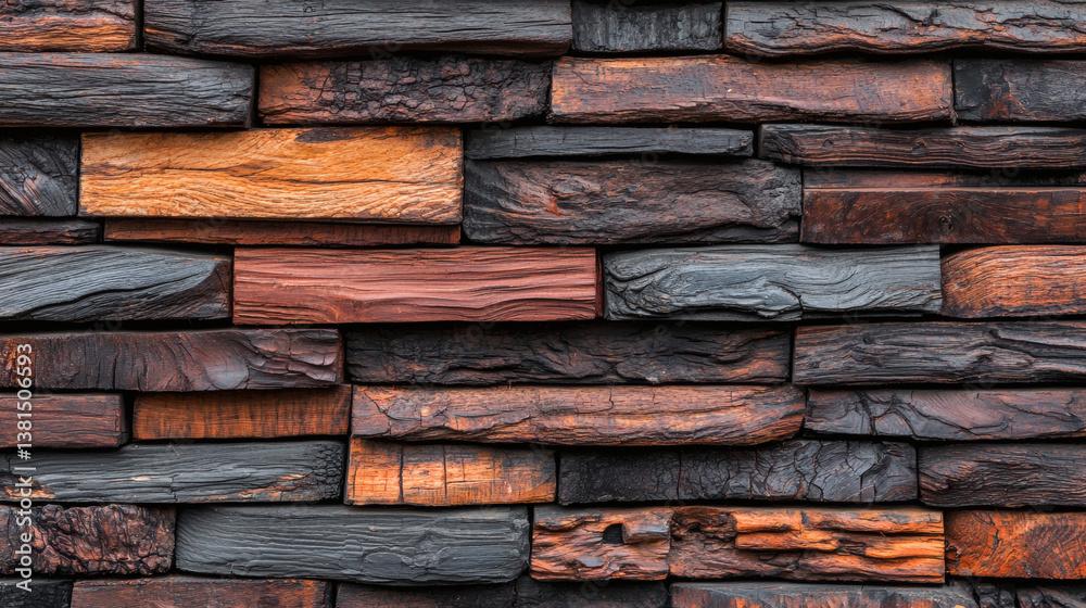 Obraz premium A textured wall made of various wooden planks in rich brown and black hues, showcasing natural patterns and colors.