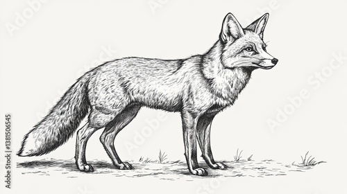 Black-and-white sketch of a fox in vintage engraving style, wild animal silhouettes in a classic look