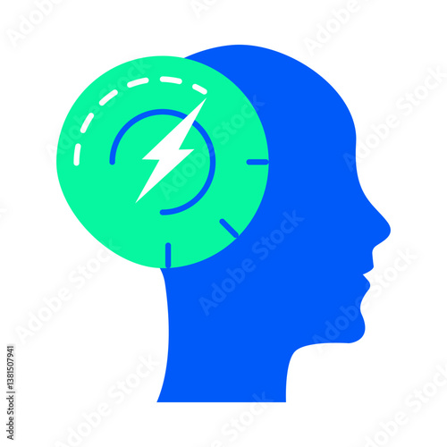 Vector icon for Faster Thinking. Human head with speed lines and a brain, symbolizing quick decision-making, cognitive speed, and rapid problem-solving.