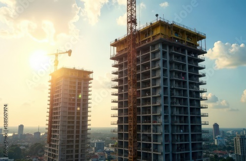  High-Rise Buildings and Cranes at Sunset Construction