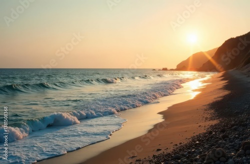 Serene Sunset Over Ocean Waves and Sandy Shoreline