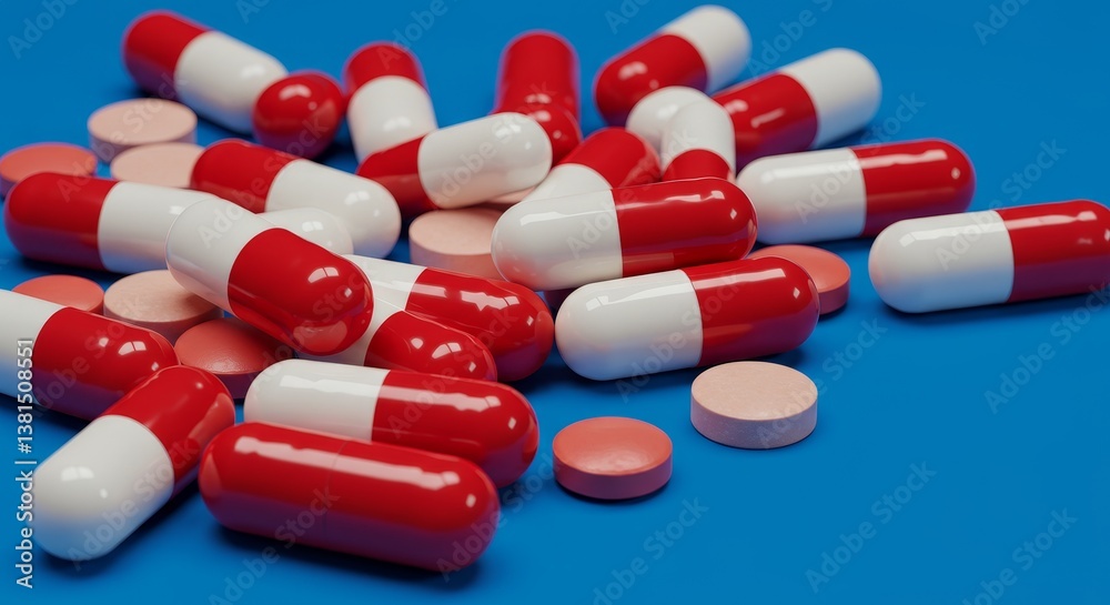 Red and White Capsules and Tablets - Pile of red and white capsules and pink tablets on a blue background. Pharmaceutical concept Red and White Capsules and Tablets - Pile of red and white capsules and pink tablets on a blue background. Pharmaceutical concept