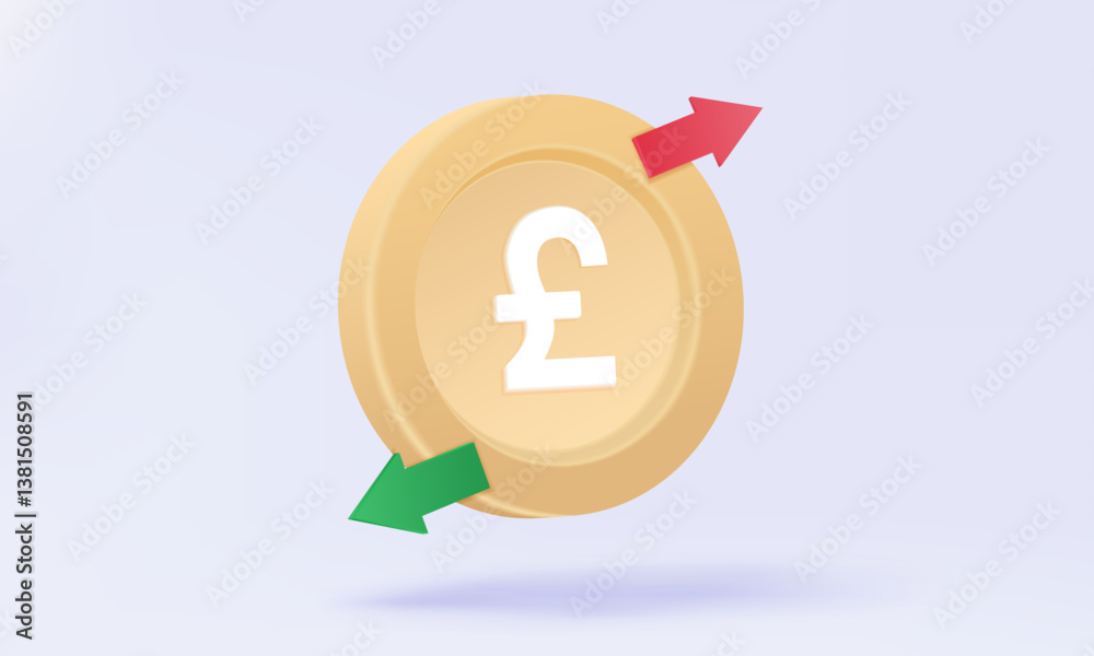 3D vector icon Pound golden coin with arrow green and red symbol floating on pastel background. Exchange rate money payments transfer, Currency deposit economy financial business investment management 3D vector icon Pound golden coin with arrow green and red symbol floating on pastel background. Exchange rate money payments transfer, Currency deposit economy financial business investment management