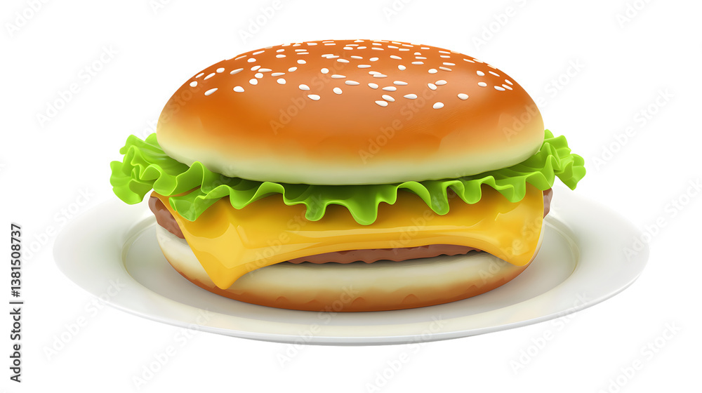 Delicious Cheeseburger on a Plate A Mouthwatering Fast Food Icon with Fresh Lettuce and Melted