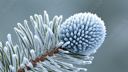 A close up image of a frosted pine cone branch