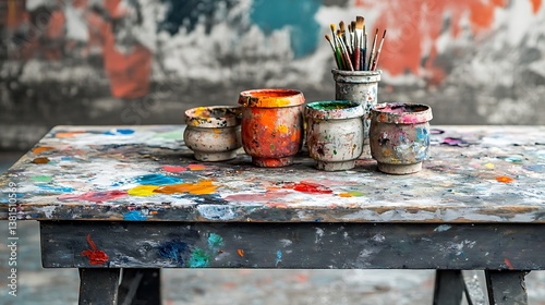 A colorful art studio table with paint supplies is shown