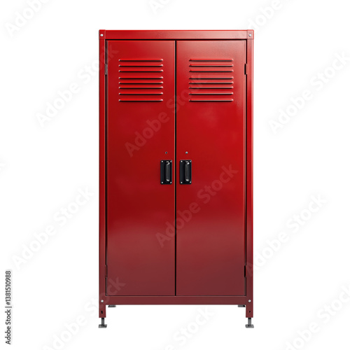 Bold red metal locker wardrobe with two vented doors and black handles, ideal for industrial, school, or garage organization.