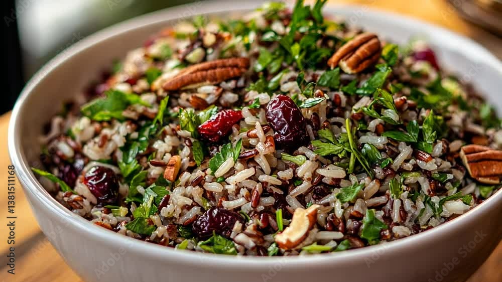 A close-up of a delicious wild rice salad with cranberries and pecan nuts. A close-up of a delicious wild rice salad with cranberries and pecan nuts.