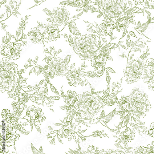 Graphic seamless pattern with flowers and birds. Illustration