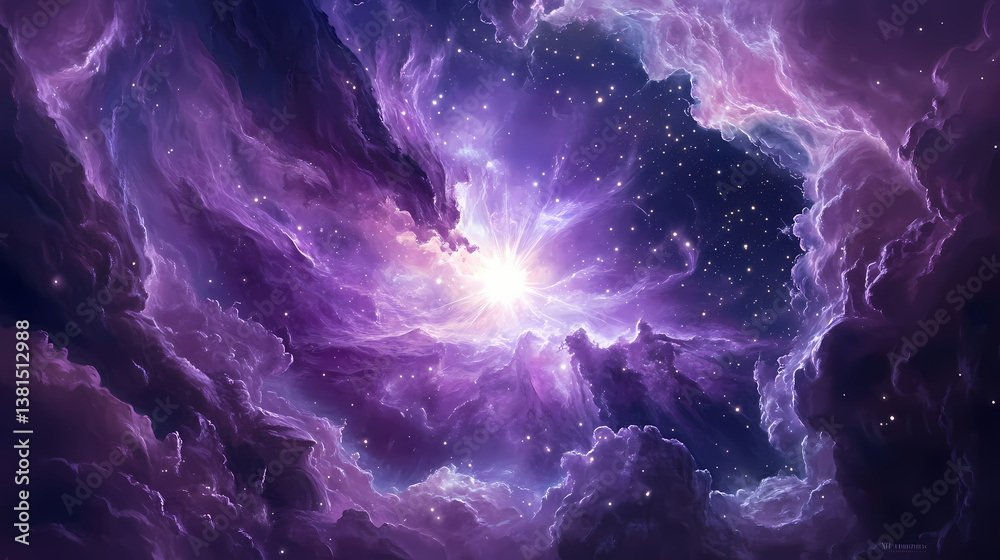 Rapidly growing protostar pulling in gas and dust from its surrounding nebula its light breaking through thick cosmic clouds. Broken Cosmos. Illustration Rapidly growing protostar pulling in gas and dust from its surrounding nebula its light breaking through thick cosmic clouds. Broken Cosmos. Illustration