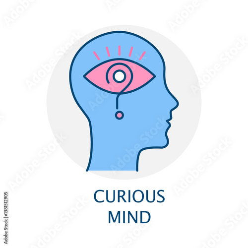 Vector icon for Curious Mind. Human head with a magnifying glass, symbolizing curiosity, exploration, and a quest for knowledge.