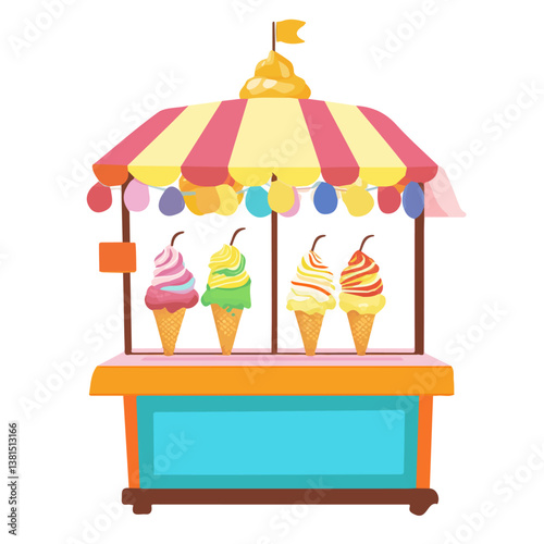 2D flat vector illustration of beachside ice cream stand with colorful cones, isolated on a white background.

