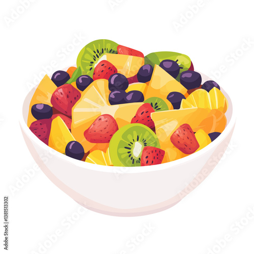 2D flat vector illustration of bowl of fresh fruit salad with a variety of fruits, isolated on a white background.

