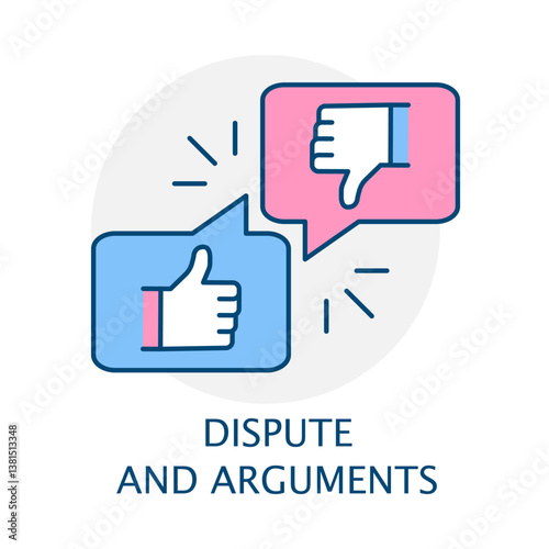 Vector icon for Dispute and Arguments. Two figures arguing with speech bubbles, symbolizing debate, confrontation, or conflict resolution.