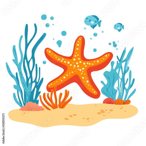2D flat vector illustration of bright orange starfish on the ocean floor, isolated on a white background.

