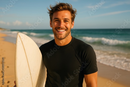Surfer Smiles on a Sunny Beach Holding a Surfboard During a Beautiful Day by ...
