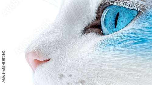 A close up portrait of a white cat with bright blue eyes