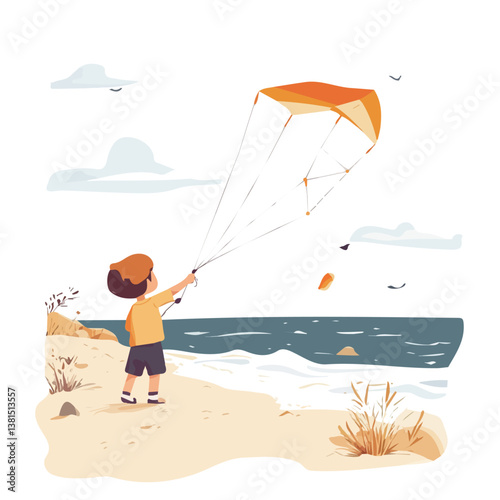 A Child Flying A Kite On The Beach 2D flat vector illustration, isolated on a white background.