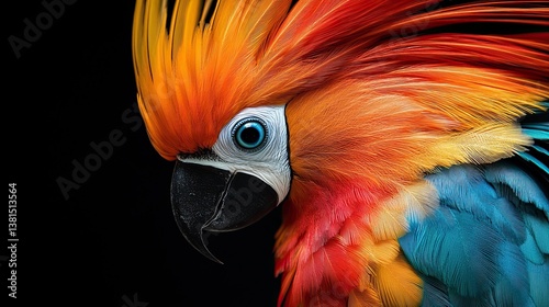 Close-up of a bird of paradise with vibrant plumage against a black background, 