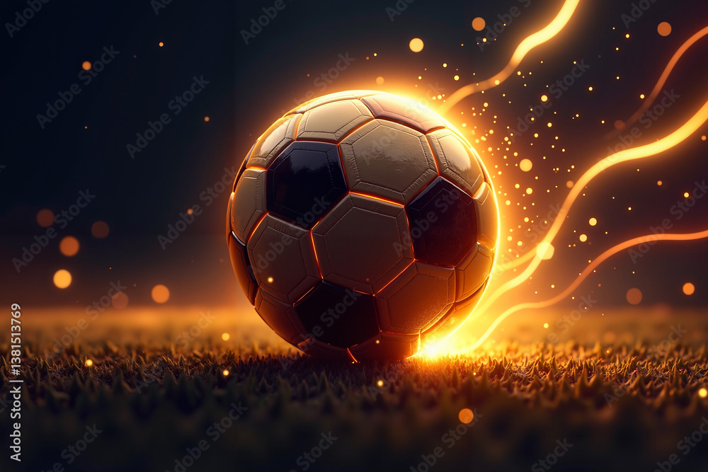 Fototapeta premium Glowing golden soccer ball on green grass, vibrant sports concept