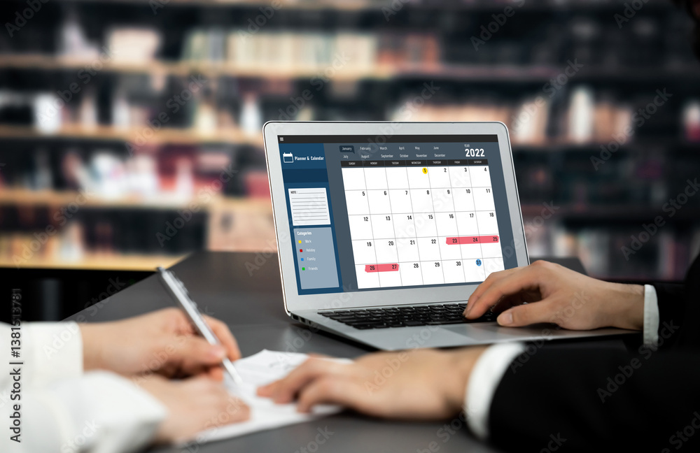 Calendar on computer software application for brisk schedule planning for personal organizer and online business