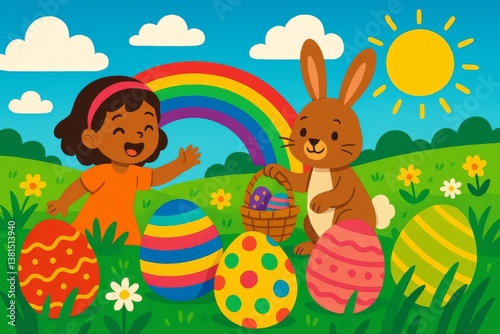 Child Enjoys Egg Hunt With Bunny Under Rainbow on a Sunny Day