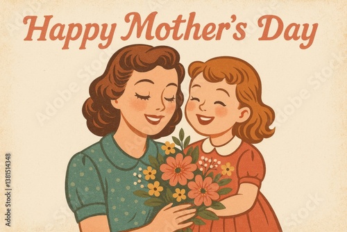 Mother and Daughter Celebrating Love With Bouquet on Mothers Day in Vintage S...