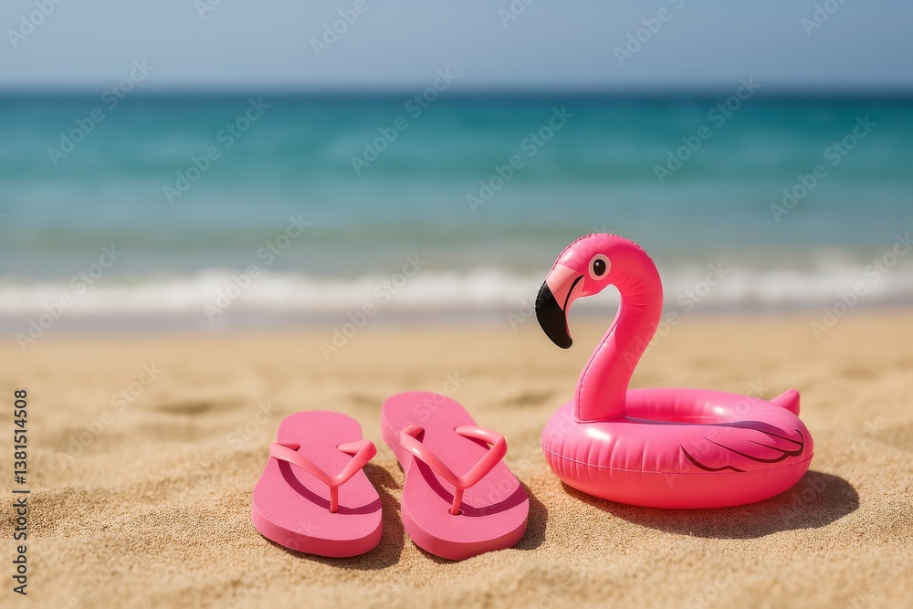 Pink Flip Flops and Flamingo Float on Sandy Beach Near Calm Ocean Water on Sunny Day Pink Flip Flops and Flamingo Float on Sandy Beach Near Calm Ocean Water on Sunny Day