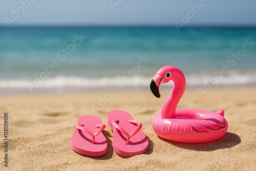 Pink Flip Flops and Flamingo Float on Sandy Beach Near Calm Ocean Water on Su...