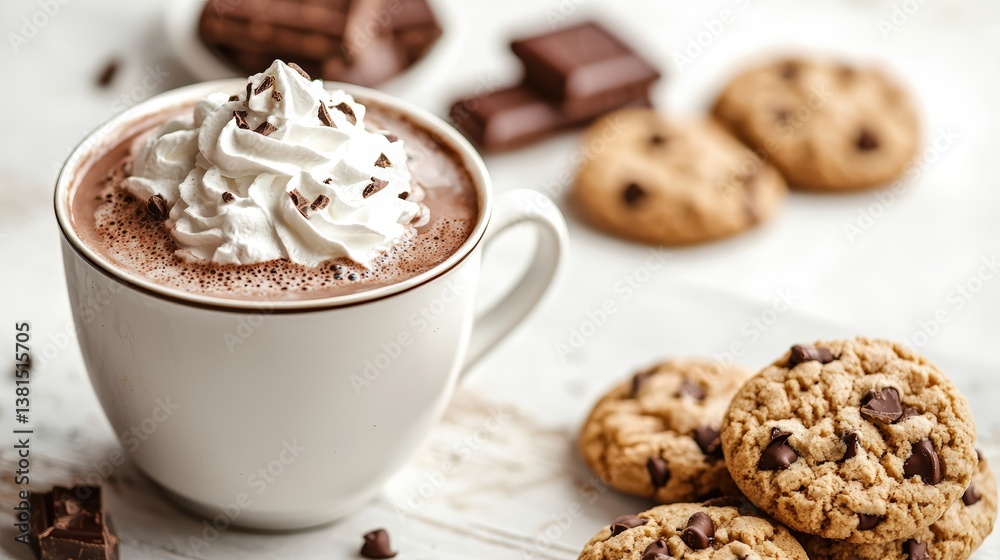 A cozy cup of hot chocolate topped with whipped cream, accompanied by chocolate chip cookies and chocolate pieces. A cozy cup of hot chocolate topped with whipped cream, accompanied by chocolate chip cookies and chocolate pieces.
