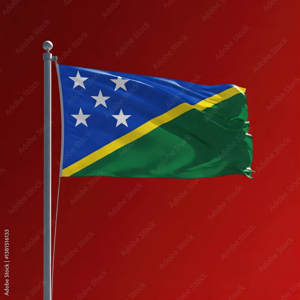 Fototapeta premium national flag of solomon islands waving on the wind, banner on redscreen red solid color background, flagpole with simbol of the country waves on windy day