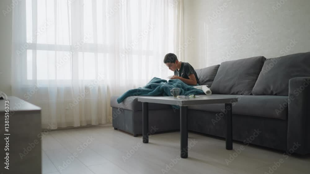 Sick child sneezing into tissue, showing signs of fatigue while seated on the couch in living room, a cup sits on the table, and the child covers their nose as they rest under a blanket Sick child sneezing into tissue, showing signs of fatigue while seated on the couch in living room, a cup sits on the table, and the child covers their nose as they rest under a blanket