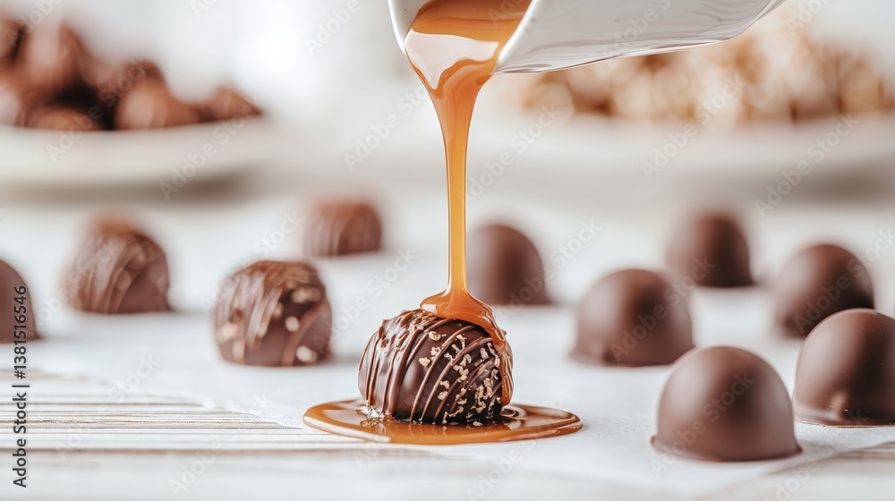 A smooth caramel is being poured over a chocolate truffle, surrounded by more truffles on a soft, light-colored surface, creating a deliciously indulgent scene. A smooth caramel is being poured over a chocolate truffle, surrounded by more truffles on a soft, light-colored surface, creating a deliciously indulgent scene.