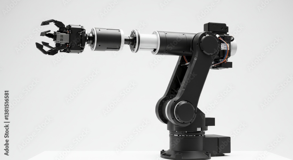 Black And White Robotic Arm Model On White Background - Futuristic robotic arm, precision engineering, automation technology, industrial robot, mechanical arm. Symbolizes advancement, innovation Black And White Robotic Arm Model On White Background - Futuristic robotic arm, precision engineering, automation technology, industrial robot, mechanical arm. Symbolizes advancement, innovation