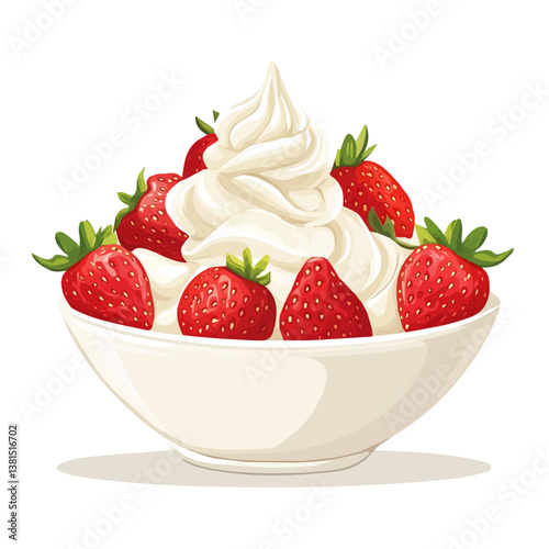 A Large Bowl Of Strawberries With Whipped Cream 2D flat vector illustration, isolated on a white background.