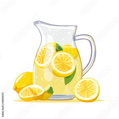 2D flat vector illustration of A Lemonade Pitcher With Lemon Slices, isolated on a white background.