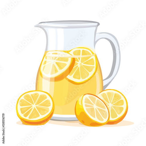 2D flat vector illustration of A Lemonade Pitcher With Lemon Slices, isolated on a white background.
