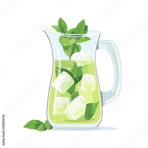 A Lemonade Pitcher With Mint Leaves And Ice Cubes 2D flat vector illustration, isolated on a white background.