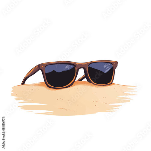 2D flat vector illustration of A Pair Of Sunglasses Resting On Sand, isolated on a white background.