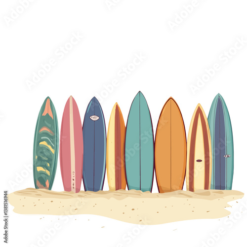 A Row Of Colorful Surfboards In The Sand 2D flat vector illustration, isolated on a white background.