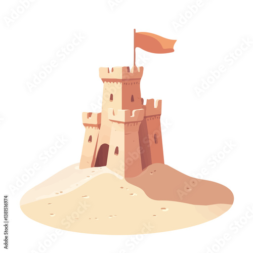 A Sandcastle With Small Flags 2D flat vector illustration, isolated on a white background.
