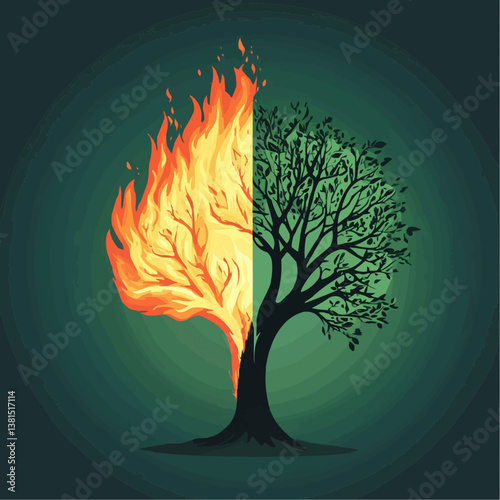 A symbolic vector illustration of a tree, half engulfed in flames and half thriving, representing climate change and environmental destruction. A minimalist, bold design