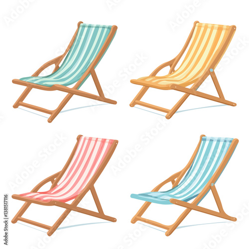 2D flat vector illustration of A Set Of Colorful Summer Beach Chairs, isolated on a white background.