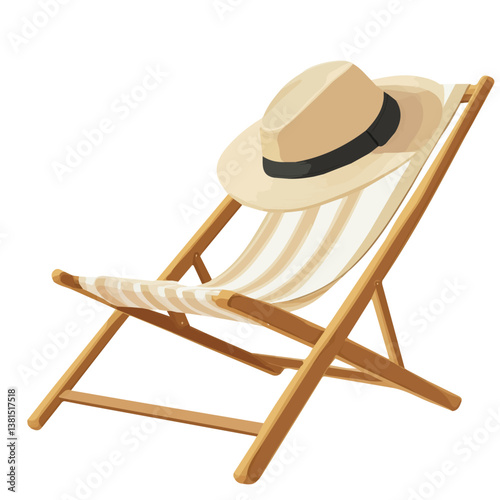 2D flat vector illustration of A Summer Hat Resting On A Beach Chair, isolated on a white background.