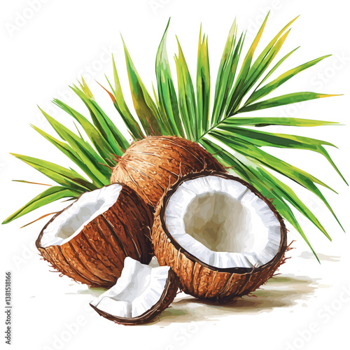 A Tropical Coconut Tree With Fresh Coconuts 2D flat vector illustration, isolated on a white background.
