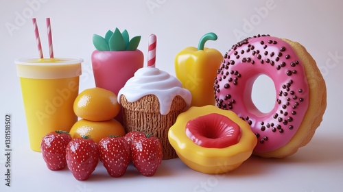 Colorful and Playful Assortment of Realistic Food Items Including Cupcake, Donut, Fruits, and Beverages Perfect for Fun and Creative Concepts