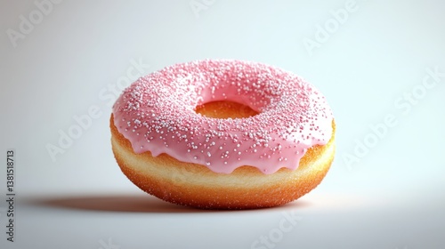 Delicious Pink Frosted Doughnut with Sprinkles Set Against a Soft White Background Perfect for Sweet Treat Advertising and Bakery Promotions