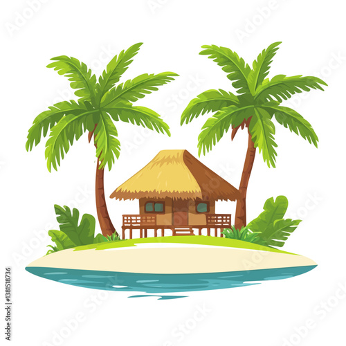 2D flat vector illustration of A Tropical Island With A Single Hut, isolated on a white background.