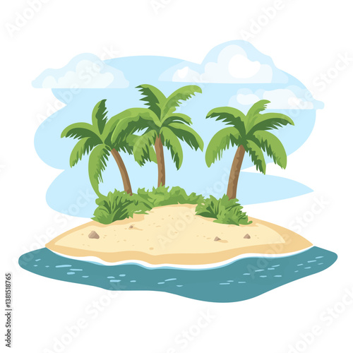 2D flat vector illustration of A Tropical Island With White Sandy Beaches, isolated on a white background.