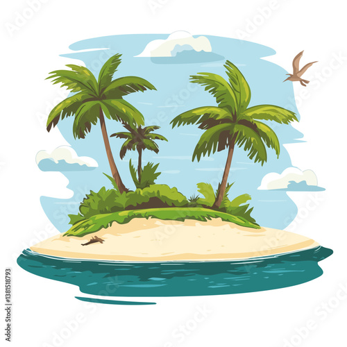 A Tropical Island With White Sandy Beaches 2D flat vector illustration, isolated on a white background.